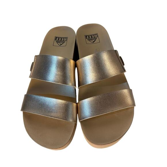 Reef Cushion Hi Vista Hi Platform Women Gold Tan Strap Slip On Slide Sandal 7.5 - Picture 3 of 7